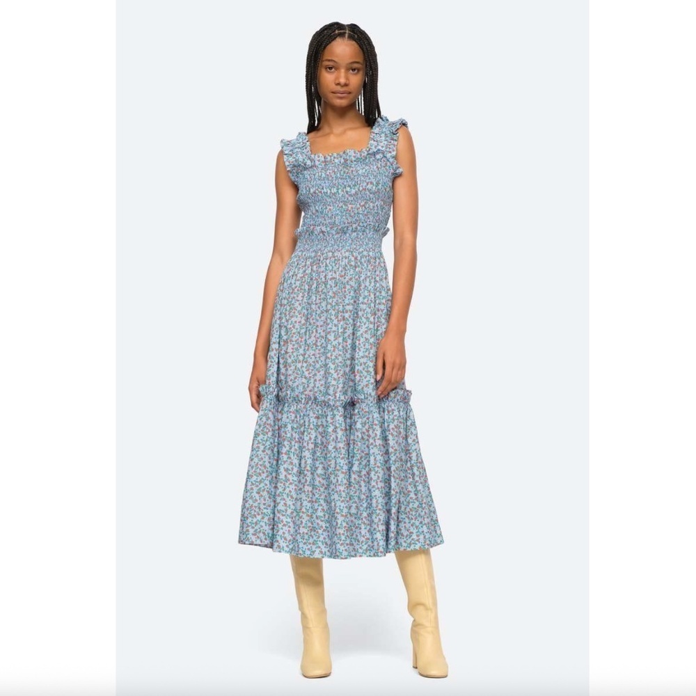 Sea New York Lilly Smocked Strawberry Print Midi Dress